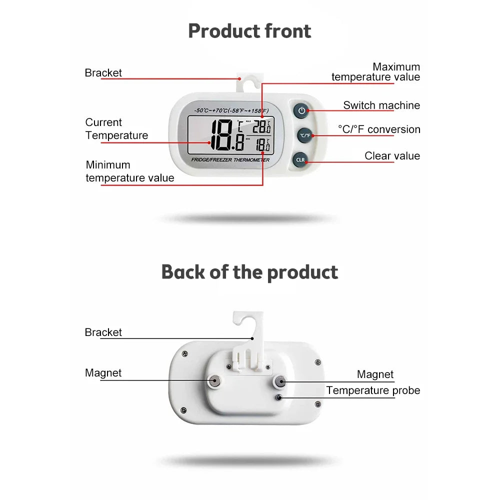 Fridge Thermometer with Hook Anti-Humidity Refrigerator Freezer Electric Digital Thermometer Temperature Monitor LCD Displays
