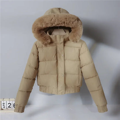 2024 Quilted Hooded Down Jacket Women's Winter Thick Cotton Coat Warm Bakery Coats Big Fur Collar Loose Cotton Coat