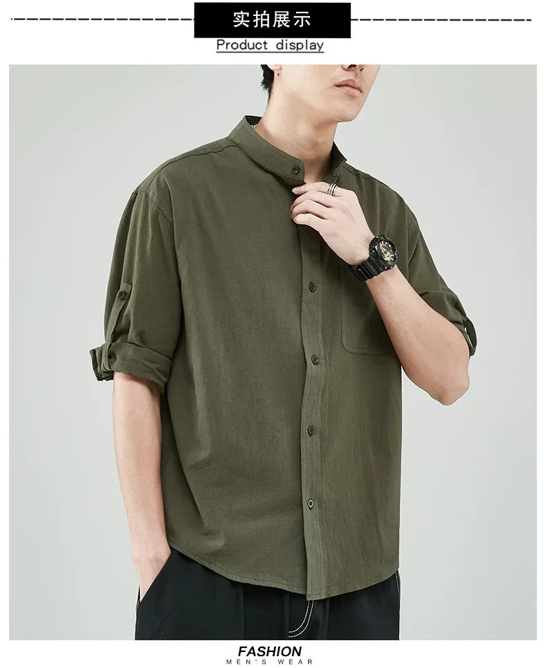 Line Shirt Men's Short-sleeved White Shirt Loose Chinese Style Summer Cotton Linen Casual Jacket Men's Quarter-sleeved Top