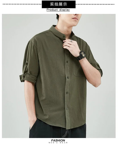 Line Shirt Men's Short-sleeved White Shirt Loose Chinese Style Summer Cotton Linen Casual Jacket Men's Quarter-sleeved Top