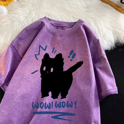Vintage Water Washing T Shirts Wow Wow Fun Black Cat Tops Casual Hip Hop Short Sleeve Men Women Clothing Cotton Couple Tops
