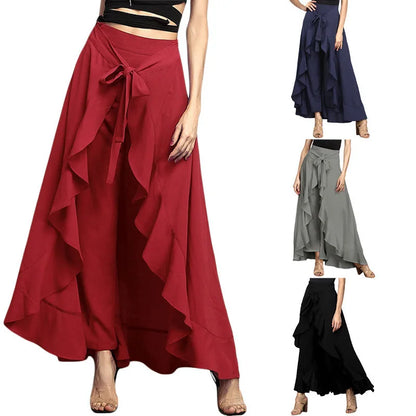 Women Palazzo Pants 2025 Spring Autumn Causal Ruffle Drawstring Trouser Elegant High Waist Irregular Loose Female Pant Skirt