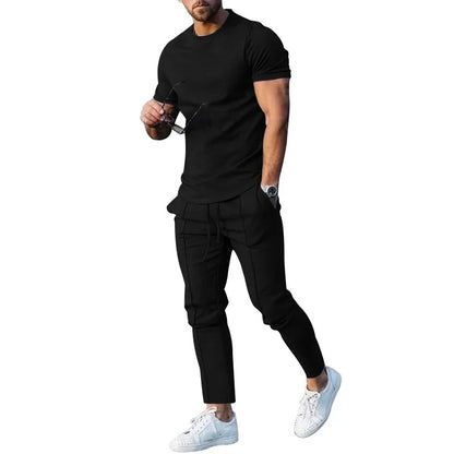 Sports Set Mens Fall 2023 Summer Solid Casual Round Neck Short Sleeve Sports T-shirt Two Piece Set for Men