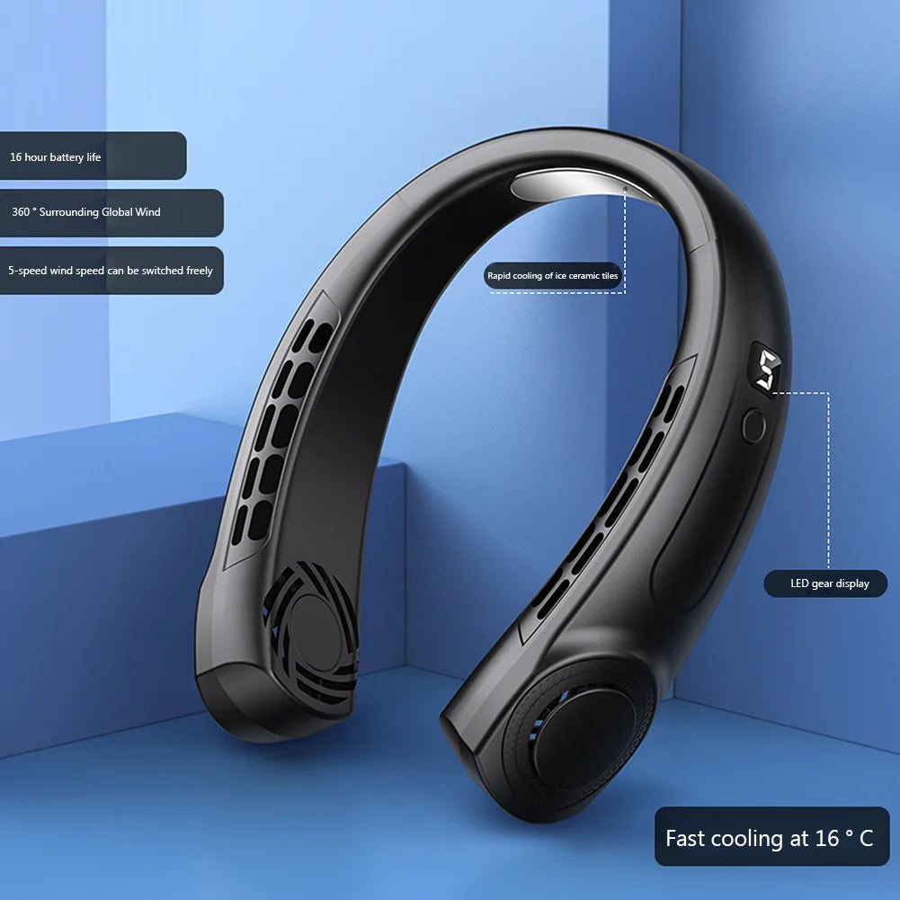 Portable Neck Fan LED Digital Display Hanging Neck Fan Leafless Air Cooler Mute USB Rechargeable Cooler with Atmosphere Light