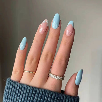 24pcs French Rainbow Fake Nails Simple Almond False Nails Art Waterproof Removable Artificial Press on Nail with Accessories