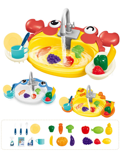 Kitchen Dishwasher Playing Toys, Electric Play Kitchen Sink Simulated Kitchen Accessories Foods Fork Cup Gifts for Boys Girls