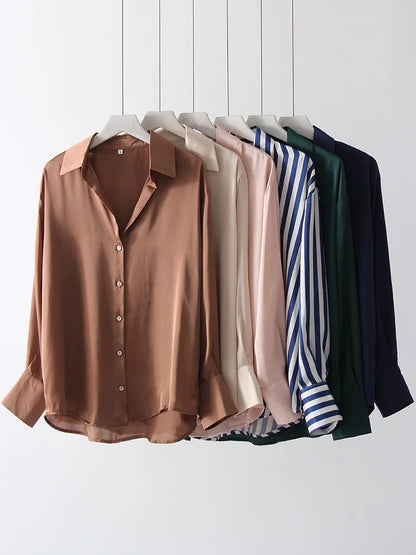 Office Wear Women Shirts Satin Blouse Luxury Pink Long Sleeve Formal Shirts Female Button Silk Tops For Women Elegant All-Match