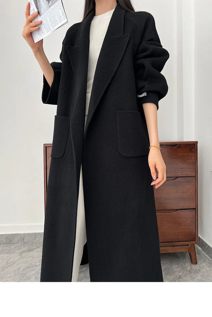 Office Lady Woolen Jackets 2024 Autumn And Winter Bathrobe Style Pocket Double-Sided Loose Lace -Up Tie Women's Long Wool Coats