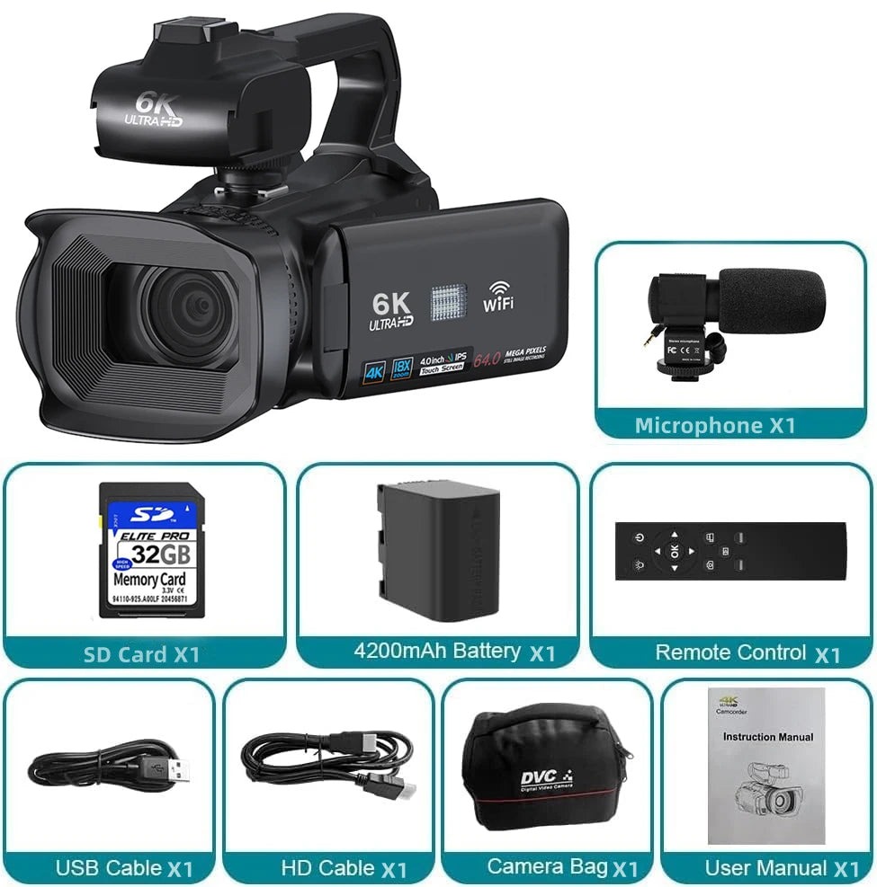 6K Professional Video Cameras for Photography 64MP Ultra HD 18X Digital Zoom Camcorders YouTube Live Streaming Vlog Recorder