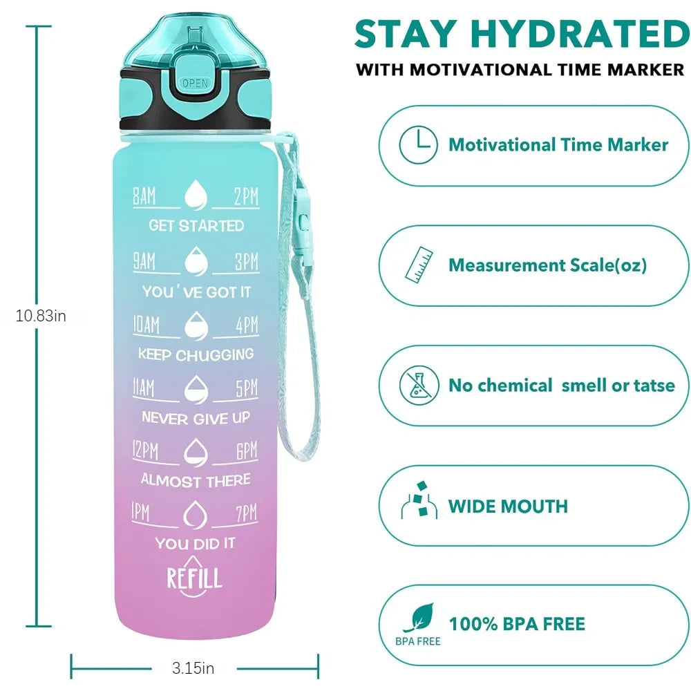 32 oz Drinking Water Bottle with Times to Drink and Straw, Motivational with Carrying Strap, Leakproof BPA & Toxic Free