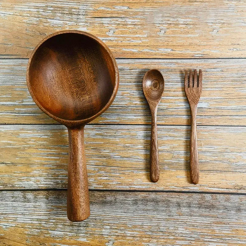 Kitchen Bar Utensils, Wooden Cutlery, Bowls, Spoons, Forks Set, Can be Used for Travel, Picnic,  Portable Eco-friendly, Chunky