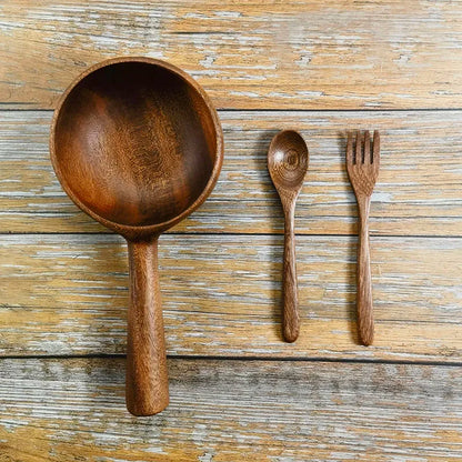Kitchen Bar Utensils, Wooden Cutlery, Bowls, Spoons, Forks Set, Can be Used for Travel, Picnic,  Portable Eco-friendly, Chunky