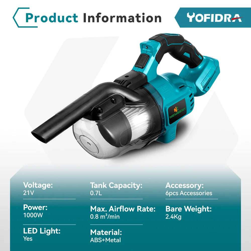 1000W Cordless Electric Vacuum Cleaner Handheld Rechargeable Household Indoor Cleaning Tools For 21V 18V Battery