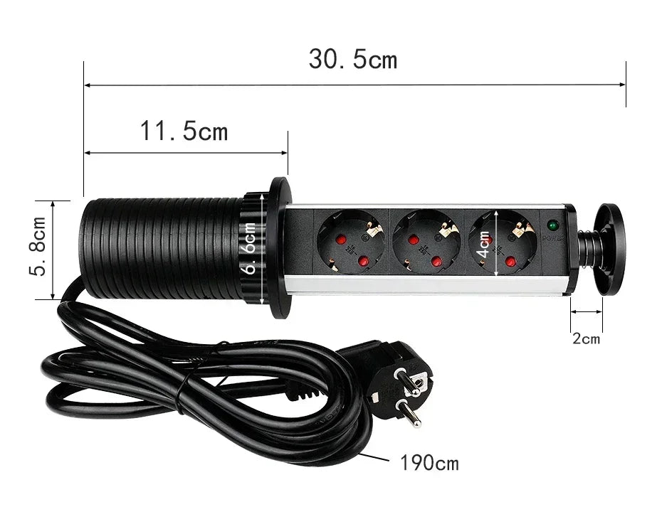 16A PULL POP UP 3 Power EU Socket New Black Color Port Kitchen Table Desktop Sockets Retractable Countertops French Plug