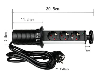 16A PULL POP UP 3 Power EU Socket New Black Color Port Kitchen Table Desktop Sockets Retractable Countertops French Plug