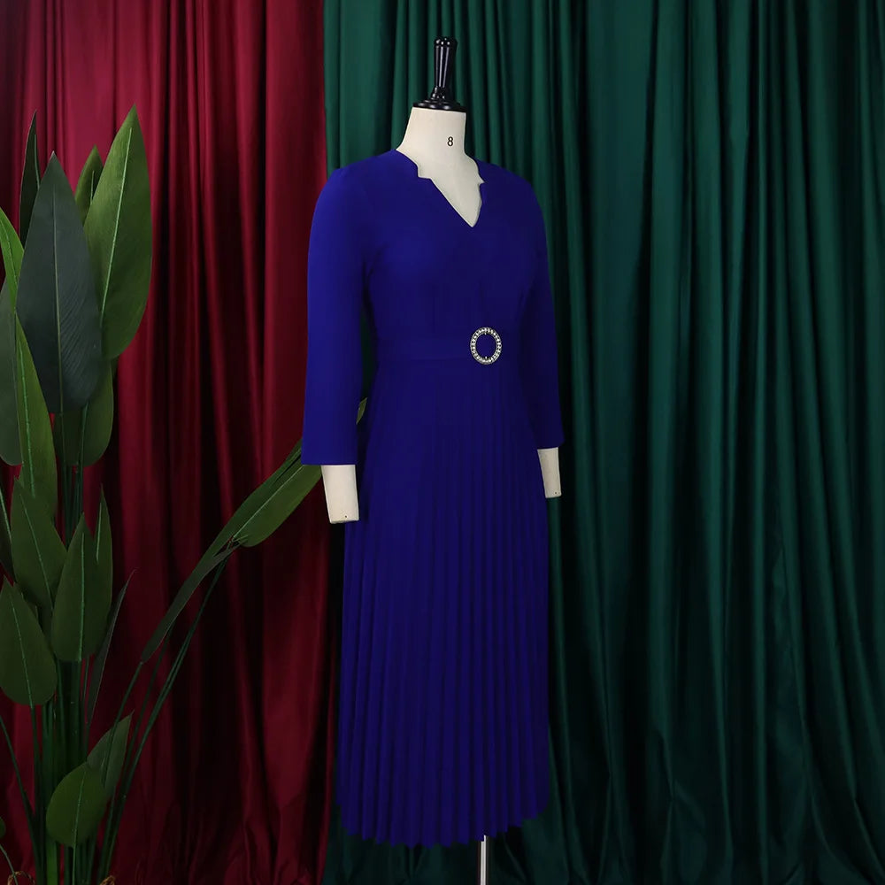 Office Dresses for Women V Neck Full Sleeve Belt Waisted Pleated Mid Calf Elegant Female Business Work Wear Dress Midi Cloth New