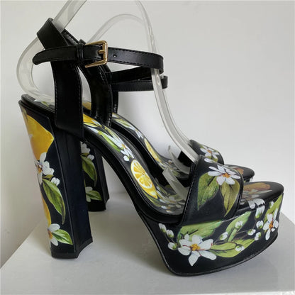 2025 Print Flower High Platform Sandals Women Chunky Heel Genuine Leather Ankle Strap Party Shoes Summer