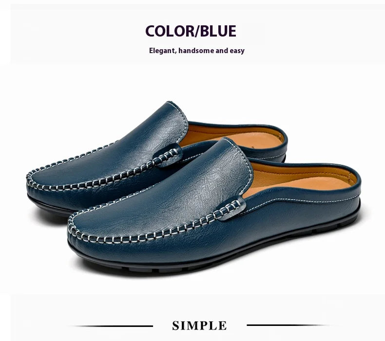 Closed Toe Half Shoes for Men Black Blue Mules Slippers Slip on Genuine Cowhide Leather Luxury Flat Sandals Man Summer 2025