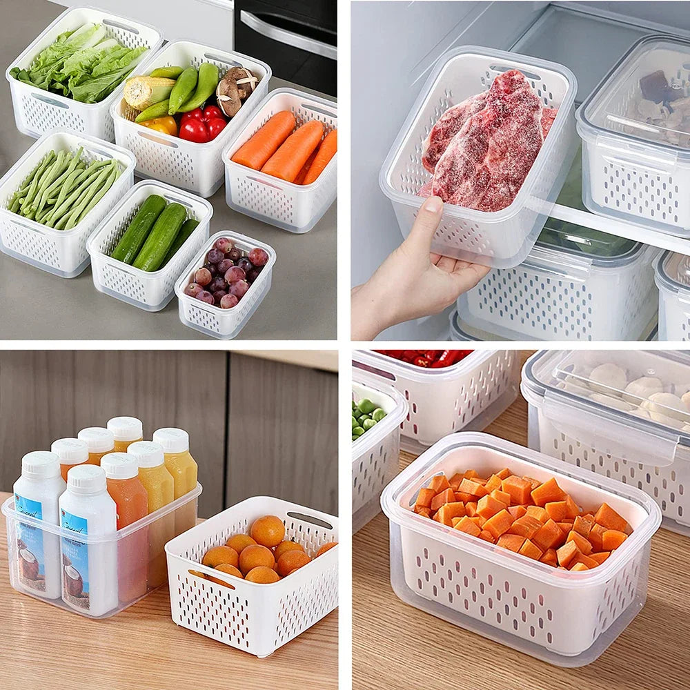 Refrigerator Storage Box Fridge Organizer Fresh Vegetable Fruit Boxes Drain Basket Storage Containers Pantry Kitchen Organizer
