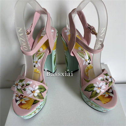 2025 Print Flower High Platform Sandals Women Chunky Heel Genuine Leather Ankle Strap Party Shoes Summer