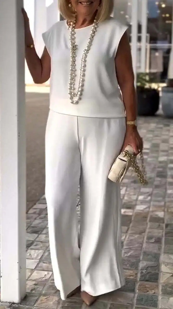 Elegant Women 2-piece Office Set 2025 Group Of Pant Outfit Ladies Temperament Sleeveless O-Neck Blouse Tops&Wide Leg Pants Suit