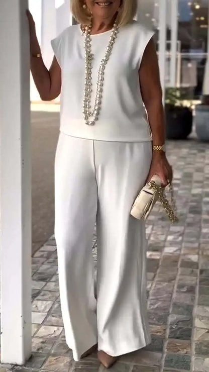 Elegant Women 2-piece Office Set 2025 Group Of Pant Outfit Ladies Temperament Sleeveless O-Neck Blouse Tops&Wide Leg Pants Suit