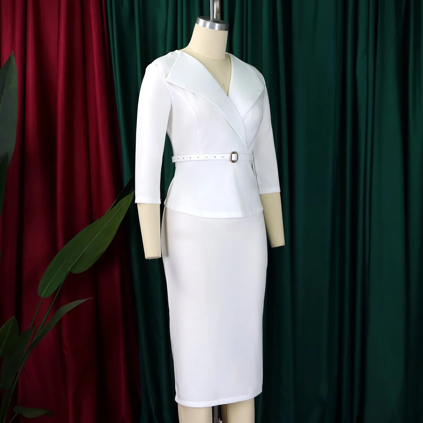 Elegant Office Dresses for Woman V Neck Full Sleeve Belt Waisted Sheath Package Hips Mid Calf Formal Business Work Wear Gowns OL