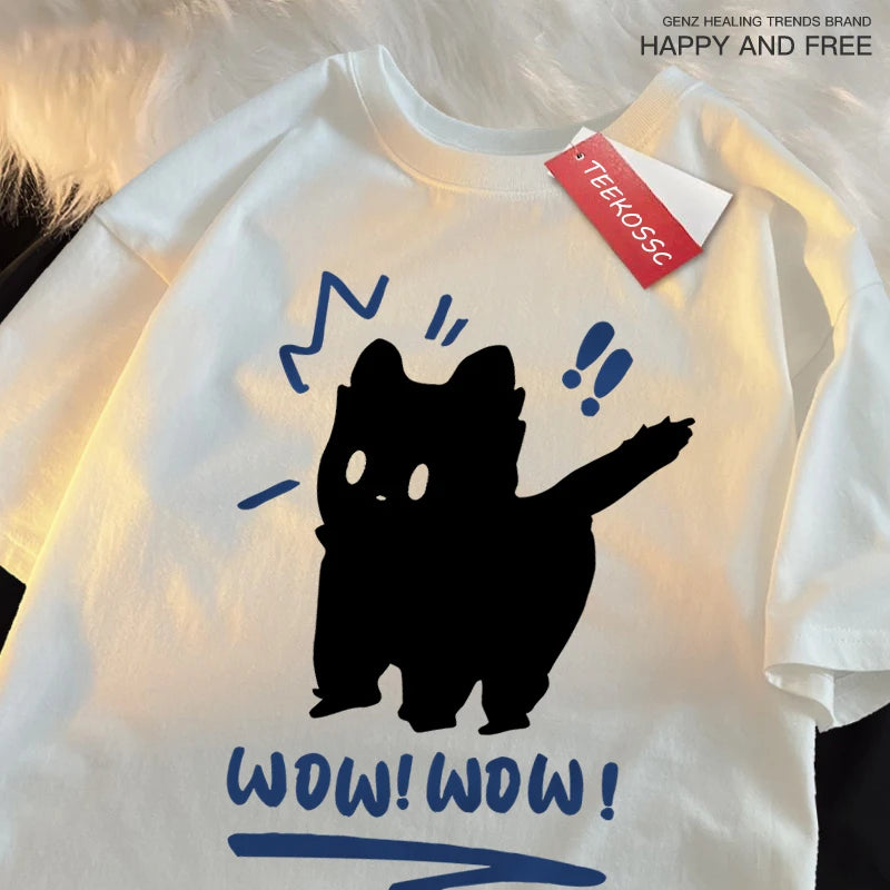 Wow Wow Fun Black Cat Print Japanese Style Men Women Top Fashion T Shirt Cotton Loose T-Shirt Casual O-Neck Clothes Oversize Top