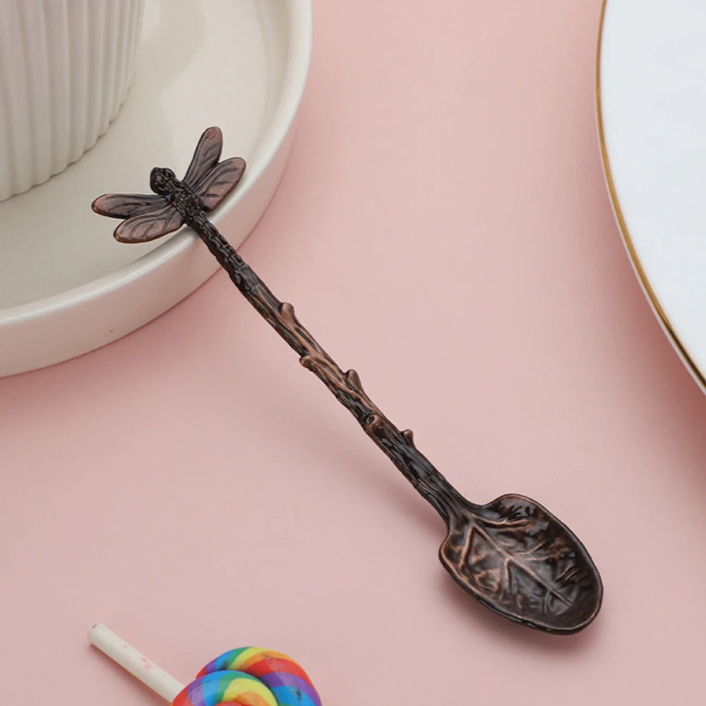New Retro Coffee Spoon Dragonfly Twig Decorative Stirring Spoon Alloy Leaf Spoon Forest Style Portable Dessert Spoon Tea Spoon