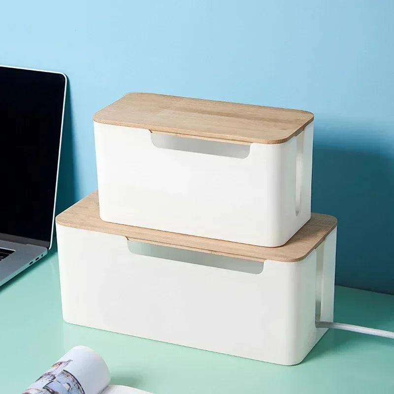 Cable Box With Wooden Cover Power Strip Wire Case Charger Socket Desktop Organizer Line Storage Box Power Board Wire Management