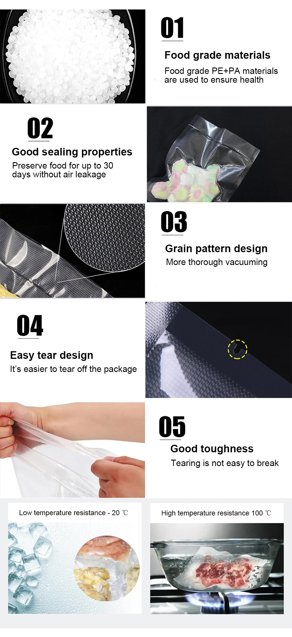 Vacuum Packaging Bags For Food 100PCS Food Storage Bags 5 Size Food Vacuum Packed Bags Keep Food Fresh Vacuum Packaging Bags