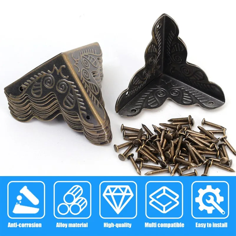 Carved Wooden Boxes Corner Protector Metal Edge Corners Guard Cover with Screws Wood Case Furniture Dresser Table Decoration