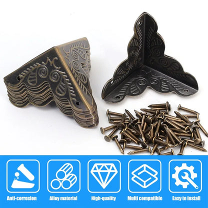 Carved Wooden Boxes Corner Protector Metal Edge Corners Guard Cover with Screws Wood Case Furniture Dresser Table Decoration