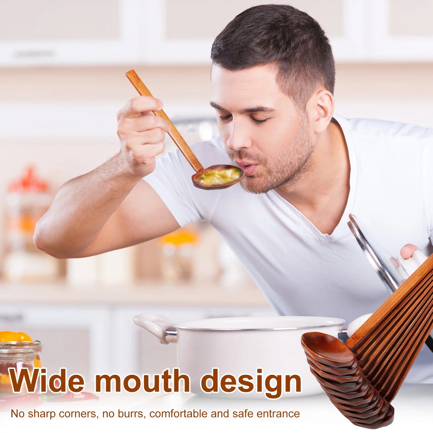 10PCS Wood Soup Spoon with Long Handle Japanese Style Ramen Spoon Large Hot Pot Spoon Tortoise Shell Spoon Serving Spoon