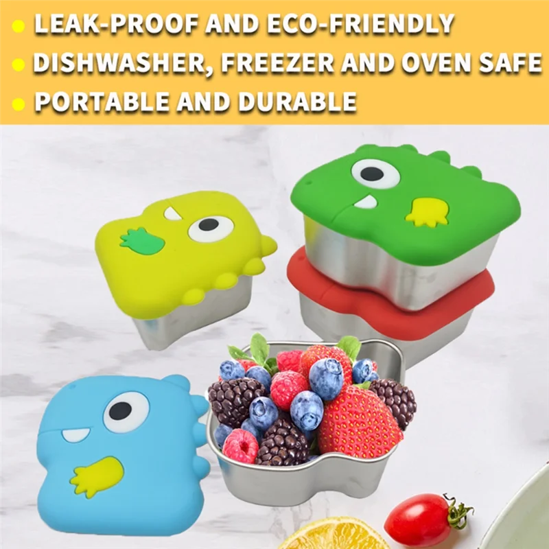 SOFT-304 Stainless Steel Snack Cup With Dinosaur Design And Silicone Lid For Secure Food Keeping