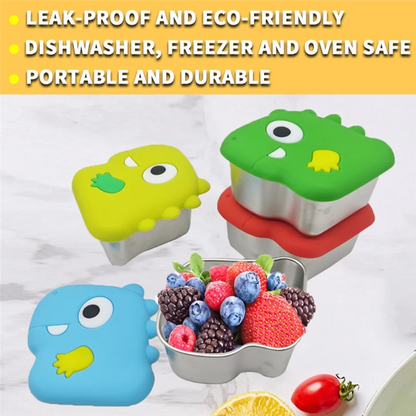 SOFT-304 Stainless Steel Snack Cup With Dinosaur Design And Silicone Lid For Secure Food Keeping