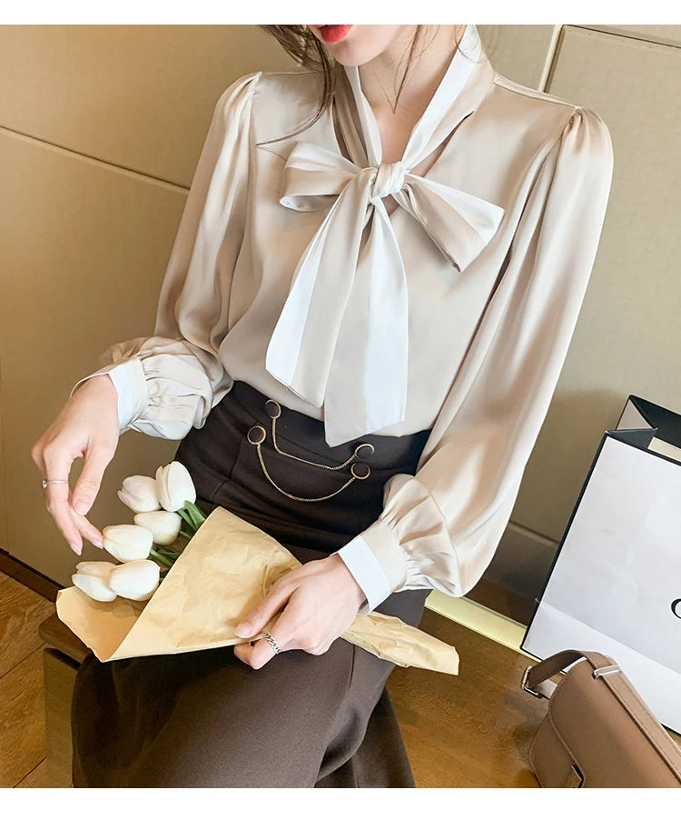 Elegant Office Blouses Women Chiffon Autumn Winter Korean Fashion Casual Streetwear Blusas Mujer Puff Sleeve Ladies Tops Shirts