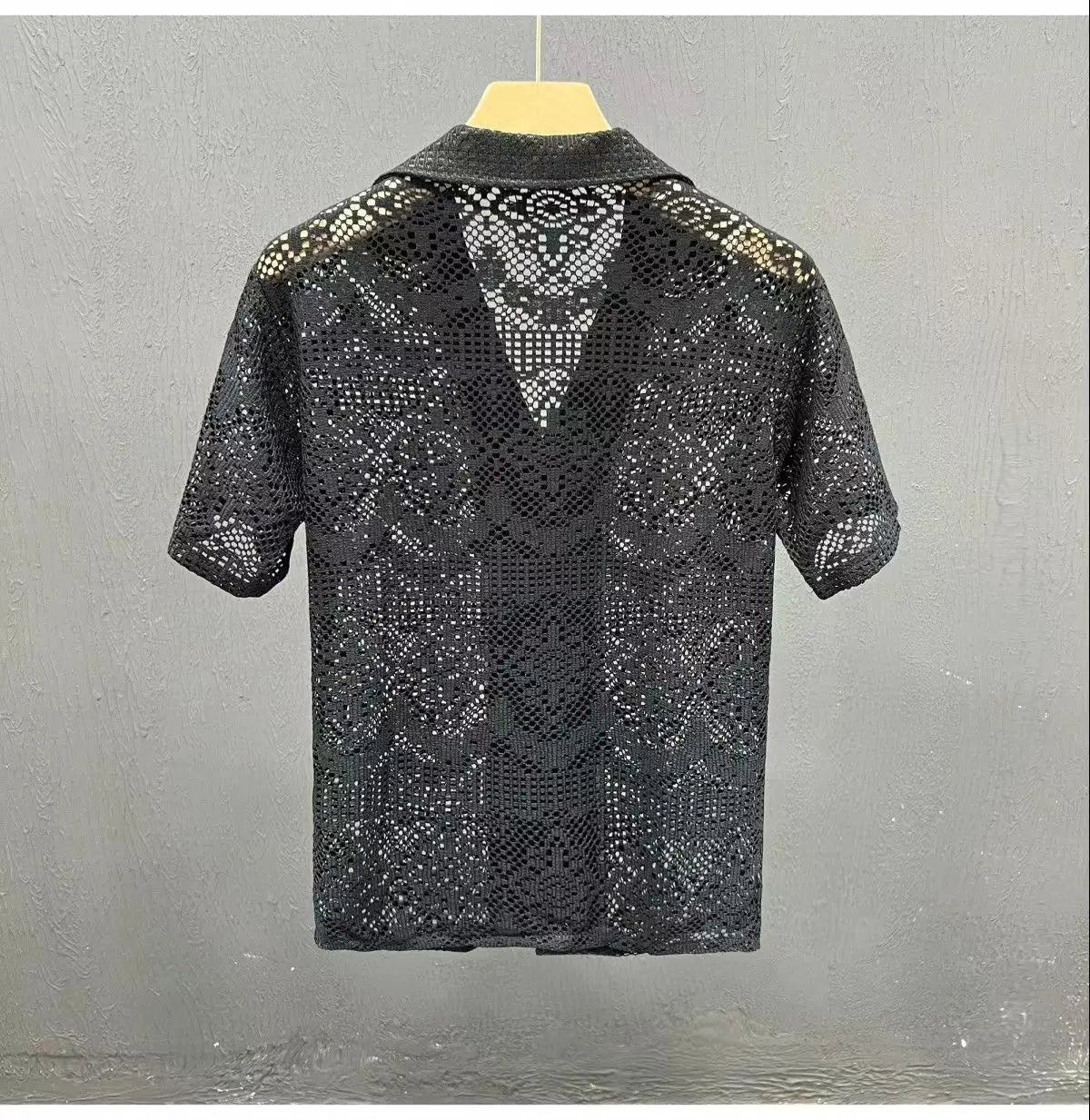 Vintage Ice Silk Lace Shirts For Men Sexy Lace Breathable Hollow Out Tops Summer Fashion Cuban Collar Short Sleeved Shirt Male