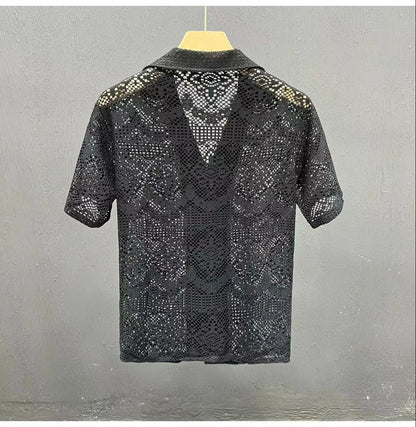 Vintage Ice Silk Lace Shirts For Men Sexy Lace Breathable Hollow Out Tops Summer Fashion Cuban Collar Short Sleeved Shirt Male