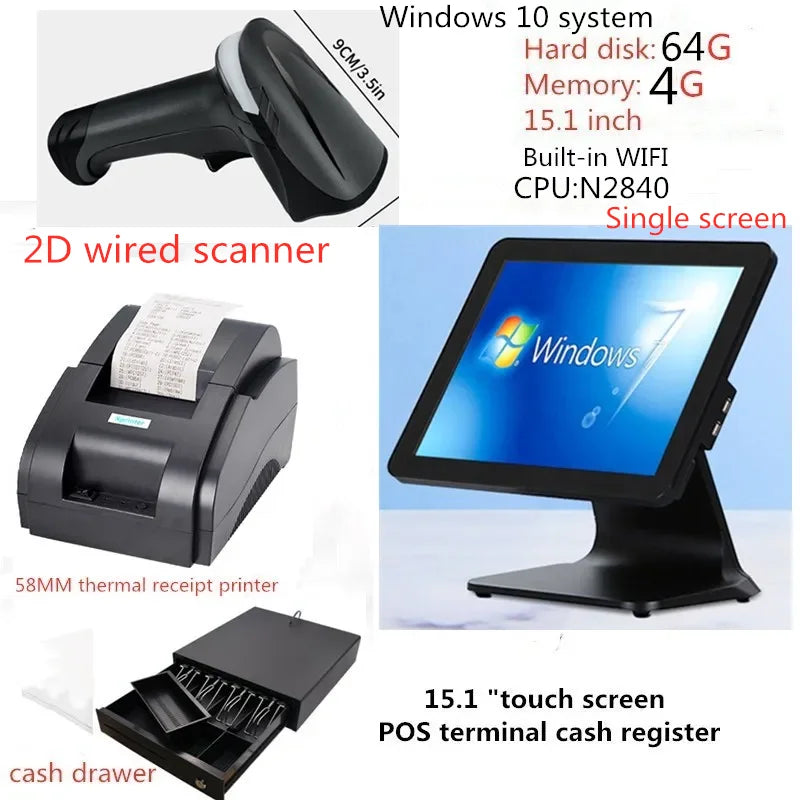 A complete set of cash register equipment thermal printer scanner cash drawer touch cash register 15.1 inch built-in WIFI