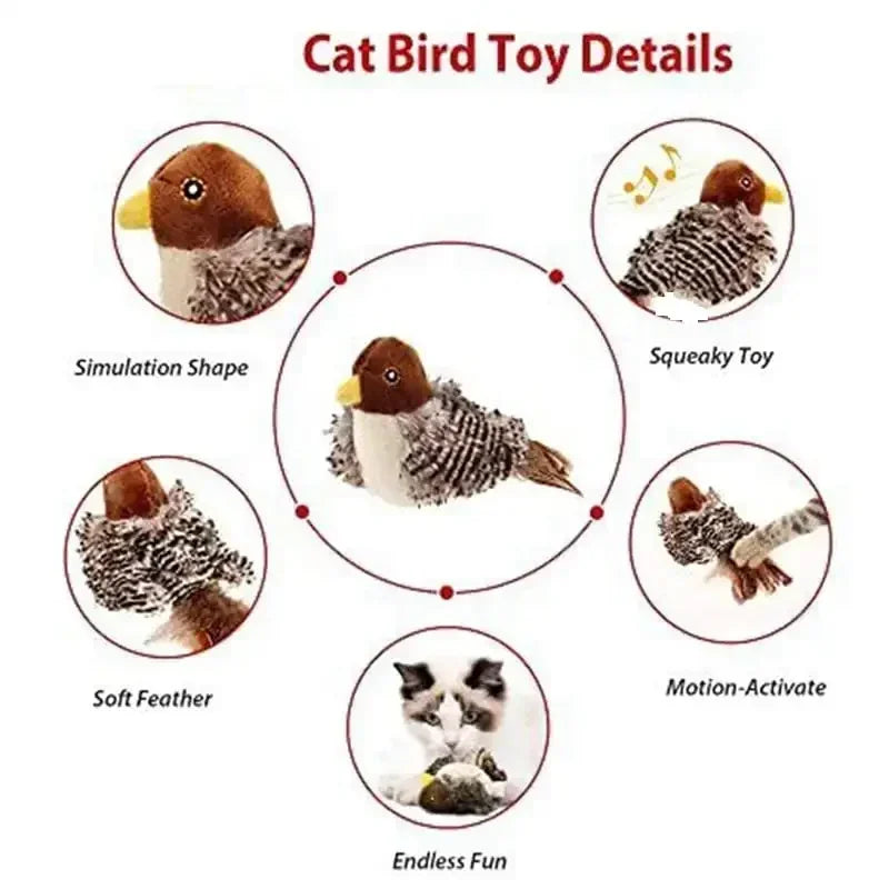Interactive Cat Toys Electric Squeaky Simulation Bird Plush Cats Pets Teasing Toys with Feather Catnip Kitten Chirping Bird Toys