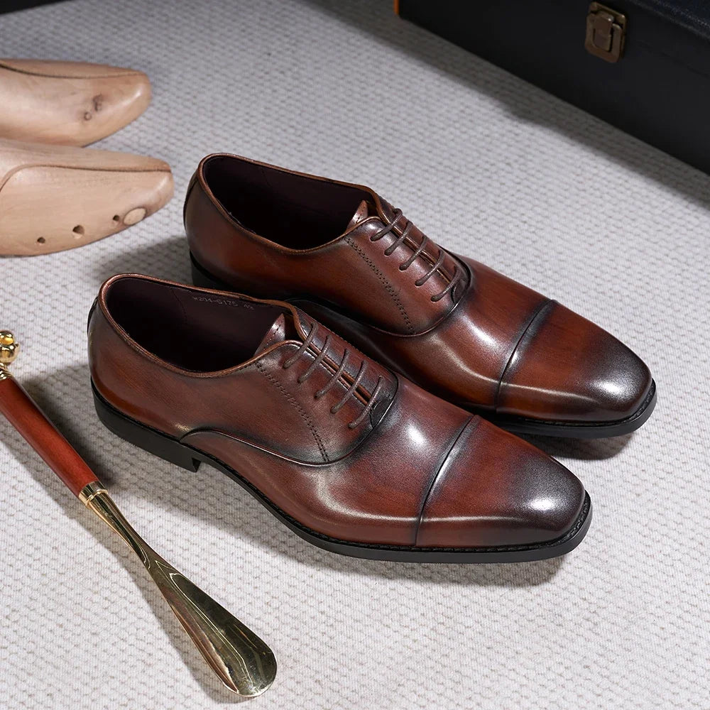 Men's Classic Lace-Up Oxfords Genuine Leather Luxury Office Shoes Solid Cap Toe Wedding Party Formal Dress Footwear for Men