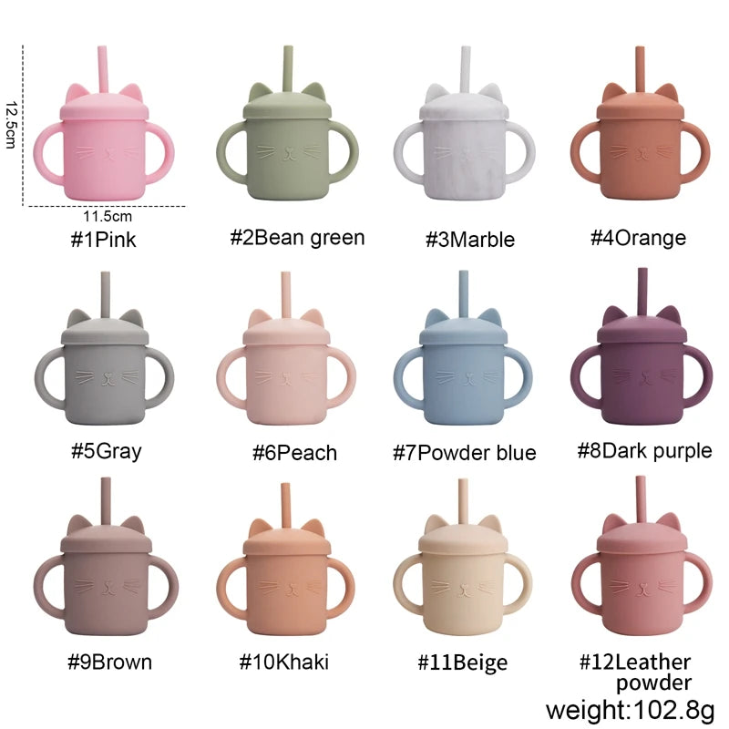 Baby Food Grade Feeding Cup Kid Double Handle Design Cute Cat Styling Straw Bottle Anti-Hot Leakproof Baby Silicone Feeding Cups
