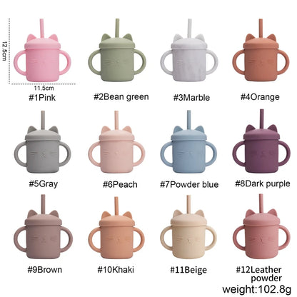 Baby Food Grade Feeding Cup Kid Double Handle Design Cute Cat Styling Straw Bottle Anti-Hot Leakproof Baby Silicone Feeding Cups