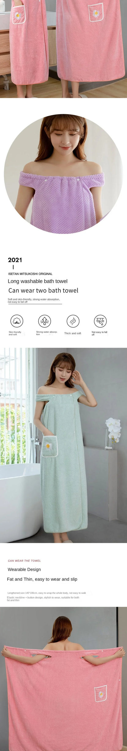 Bath Towel Household Women Wearable Wrap Adults Absorb Water Polyester Dry Hair Skirt Long Style Bathroom Washable Bathrobe