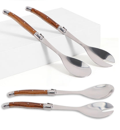 2pc/Set Stainless Steel Salad Spoons Laguiole Style Salad Stirring Spoon Slotted Spoon Wood Grain Plastic Salad Serving Utensils