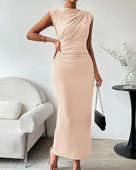 Women's Ruched Bodycon Dress Summer Casual Sleeveless Back Slit Elegant Club Evening Party Cocktail Maxi Dresses