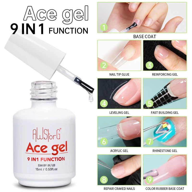 AWStorG 15ML Nail Tips Glue Gel For Falses Nail Tips Fast Extension 3 IN 1 Function Nails Art Transparent Gel Polish Soak Off UV