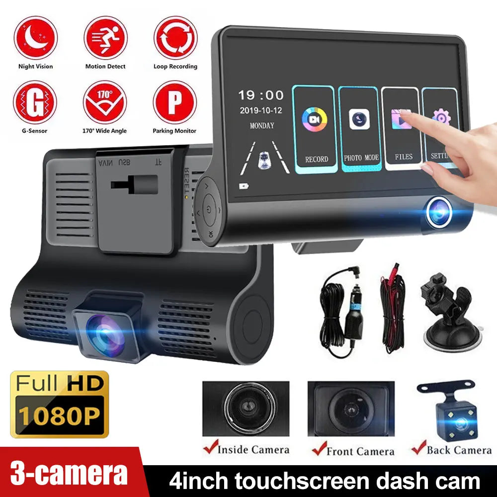Car DVR 3 Cameras 4.0 Inches Dash Cam Car Video Recorder Auto Registrator Dvrs Dash Cam with 3 Ways Cameras