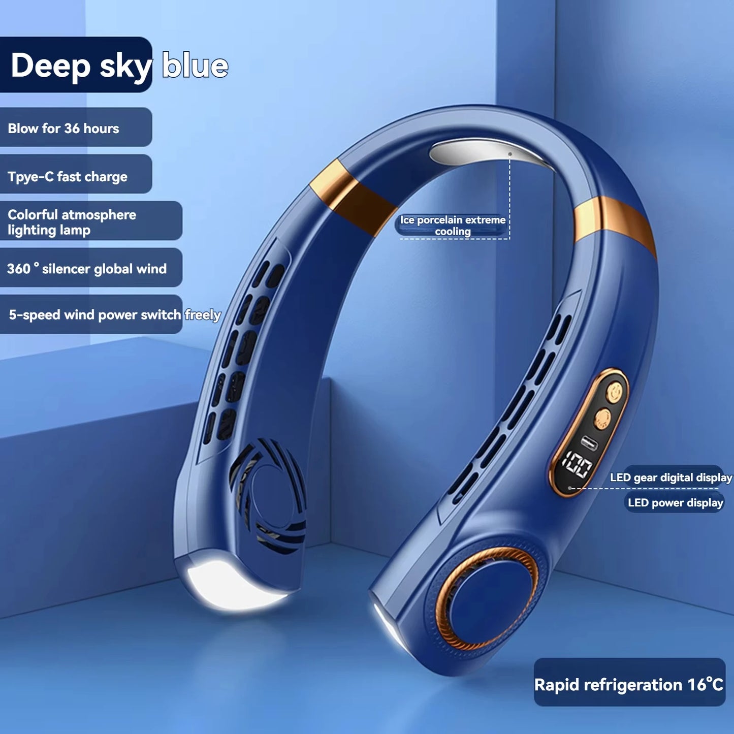 2025 Hanging Neck Fan Portable Bladeless Neck Fan Air Cooler Digital Display Rechargeable Air Conditioner Neck Ventilator